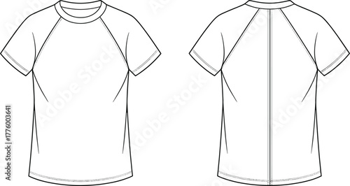 Basic raglan short sleeve t-shirt front and back view fashion flat sketch technical clothing vector template casual apparel design