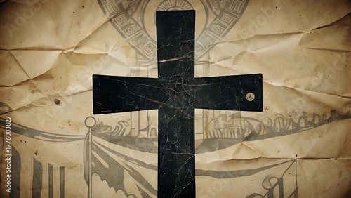 Artistic and Textured Depiction of a Dark Cross on an Aged Parchment Backdrop for Spiritual or Liturgical