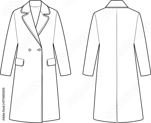 Elegant long coat fashion flat sketch with lapel collar and pockets front and back view technical clothing vector template