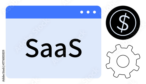 Browser window with SaaS text, dollar sign, and gear symbolizing software subscription, monetization models, and technical tools. Ideal for marketing, technology, finance, startups innovation cloud