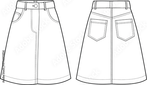 A-line denim skirt technical fashion flat sketch, front and back view CAD drawing, detailed vector illustration for clothing design template