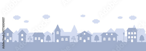 シンプルでやさしい街並みのシルエット背景イラスト（横長・下部配置）