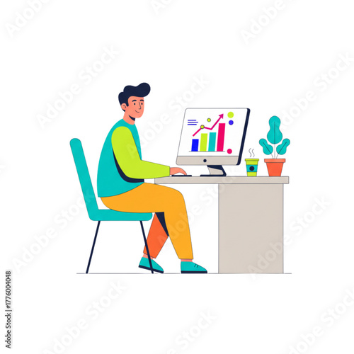 Young man working on computer with charts in modern office setting  