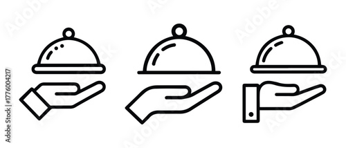 Food serving icon set, hand holding cloche tray vector symbol