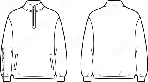 Half zip pullover sweatshirt fashion flat sketch with long sleeves and pockets, technical clothing design template for apparel pattern