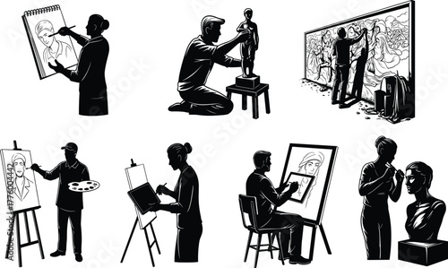 Artists creating portraits and sculptures, creative people drawing and painting, art studio illustration of professional painters and sculptors working together