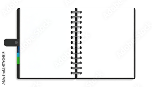 Open spiral-bound notebook with blank pages and page markers on a white background, presented in a minimalist style