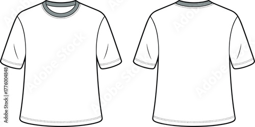 Basic crew neck t-shirt technical flat sketch, front and back view, fashion cad drawing, casual clothing design template, vector illustration mockup