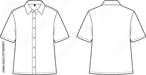 Short sleeve button up shirt front and back fashion flat sketch, classic collar apparel technical vector template for clothing design