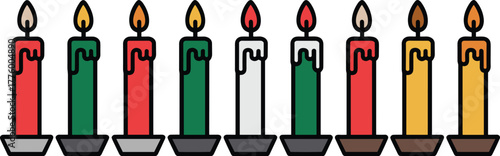 Row of nine colorful lit candles with dripping wax