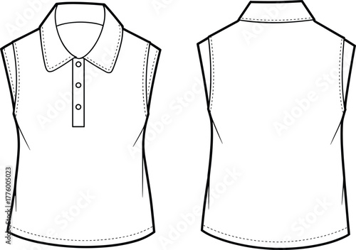 Sleeveless women’s polo shirt fashion flat sketch with button placket and collar, vector apparel template technical drawing illustration design