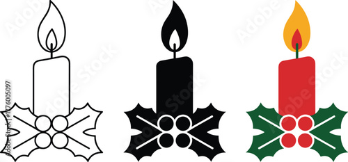 Three Christmas candle icons with holly berries berry 1