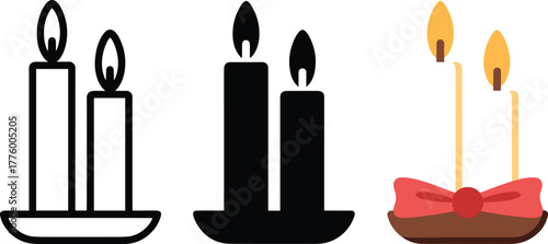 Three styles of lit candles on white background flame