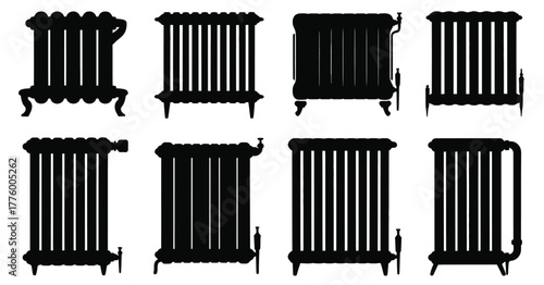 Cast Iron Radiators Silhouette Collection — Ideal for Interior Design Plans, Home Renovation Mockups, Heating Equipment Illustrations, Retro Decor Projects, Technical Drawings, and Digital Graphics