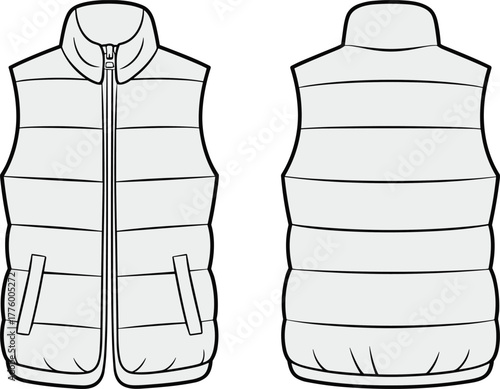 Vector flat fashion technical sketch of padded sleeveless puffer vest jacket front and back view winter outerwear apparel template