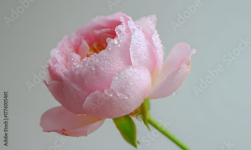 Fototapeta Naklejka Na Ścianę i Meble -  A one poses pink rose with peony rose light soft pink roses, dew on the petals