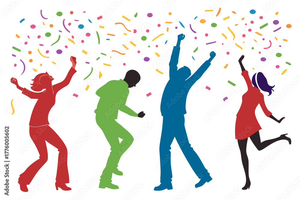 Fototapeta premium Dancing people silhouette celebrating New Year, vector illustration isolated on white background