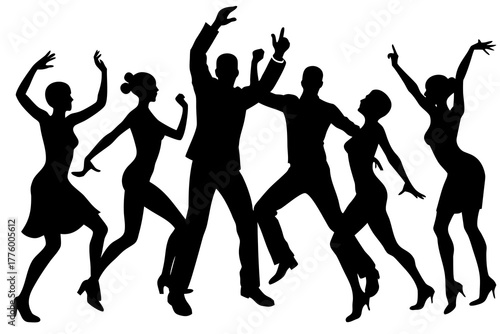 Dancing people silhouette celebrating New Year, vector illustration isolated on white background