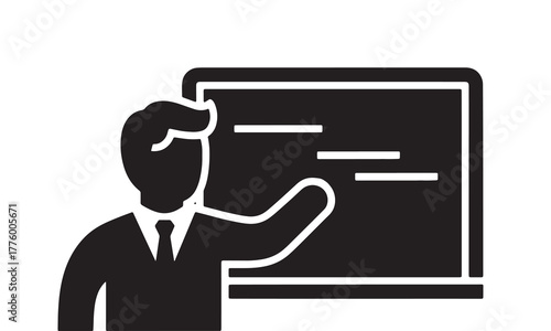 A black and white icon of a person in a suit presenting to a screen with horizontal lines on it
