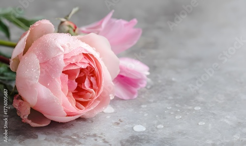Fototapeta Naklejka Na Ścianę i Meble -  A one poses pink rose with peony rose light soft pink roses, dew on the petals