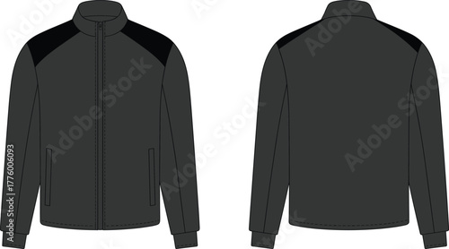 Black bomber jacket flat fashion vector illustration, modern casual outerwear front and back view, CAD technical garment drawing template design