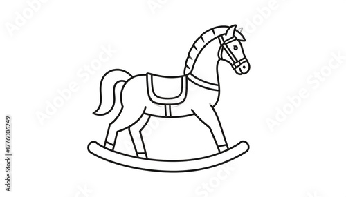 Black outline of a rocking horse with a saddle, stylized mane, and curved rockers on a white background