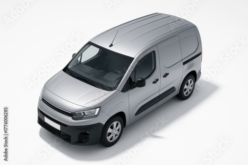 Small city van top down three quarter view set diagonally showing roof channels and sliding door track clean studio on white