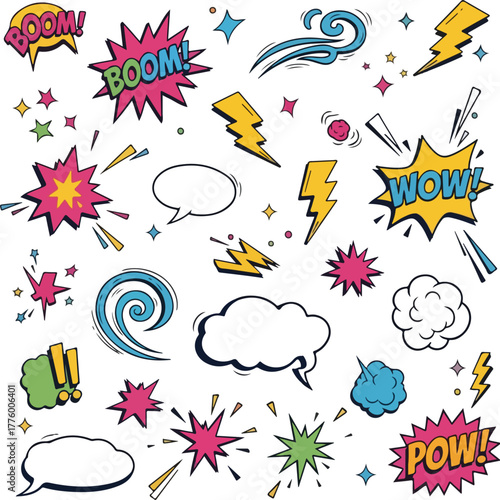 Comic Book Boom and Pow Cartoon Effect Set, hand drawn sketch doodle explosive elements with speech bubbles, action splash, smoke clouds, and wow text for dynamic illustrations