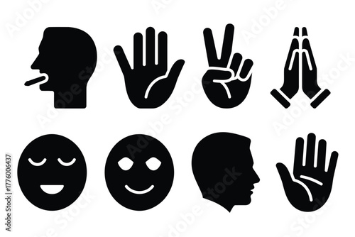 Silence Gesture Icon Set, Solid Filled Icons of Finger on Lips, Palm Raised, Crossed Fingers, Folded Hands, Closed Eyes, Bowing Head, Calm, Vector Graphics for Communication Design