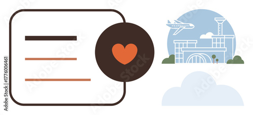 Orange heart icon near text lines and abstract airport scene with airplane, terminal, and clouds. Ideal for travel, aviation, logistics, love of travel, vacation planning, transportation simple flat