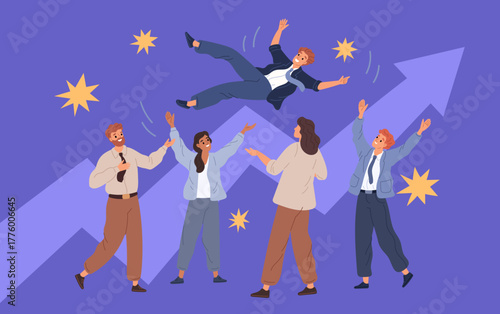 Throwing into air businessman. Office team celebrates success, growing charts, tossing employee, joyful colleagues, financial market arrow, cartoon flat isolated garish vector concept