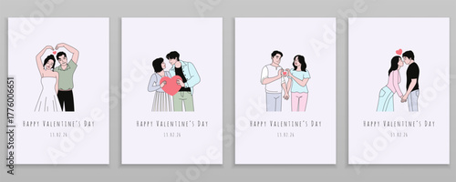 Valentine day congratulations cards. Happy people with hearts, funny couples in love posters, romantic men and women hugging and kissing, annual holiday, tidy vector cartoon isolated set