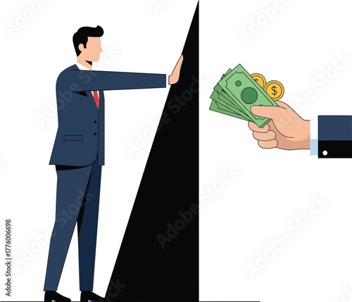 Man refusing money offered by hand, standing behind a black barrier.