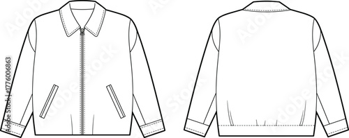 Bomber jacket technical fashion flat sketch, unisex outerwear clothing design vector template, stylish apparel CAD drawing, detailed garment illustration