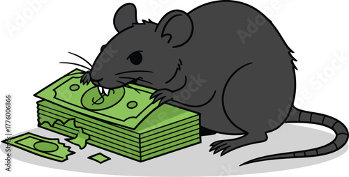 Cartoon rat gnawing on a stack of green money bills.