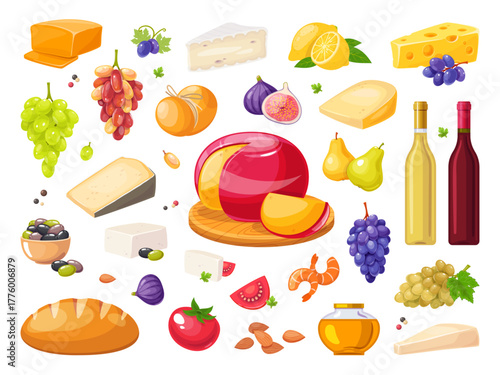 Cheese types, wine and food. Gourmet assortment, dairy products, brie, parmesan, feta, tasty meal, shrimp, figs and grapes berries. Alcohol beverage and snack menu classy vector isolated set