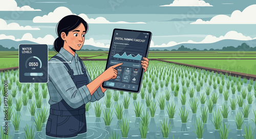 Innovative agriculture concept with farmer using digital tablet in rice field