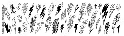 Black doodle thunderbolts. Hand drawn electric lightning symbols, decorative cartoon flashes, sketch monochrome icons, logotype or emblem design, garish vector isolated pictograms set