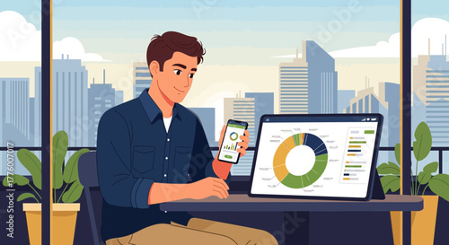 Analyzing financial growth charts on digital devices in a cityscape setting