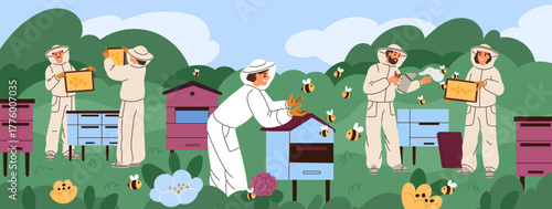 Beekeepers at apiary. Happy apiarist in uniform, fumigate hives with smoker, collect honeycombs, take care of bees, sweet healthy food, cartoon flat style isolated garish vector concept