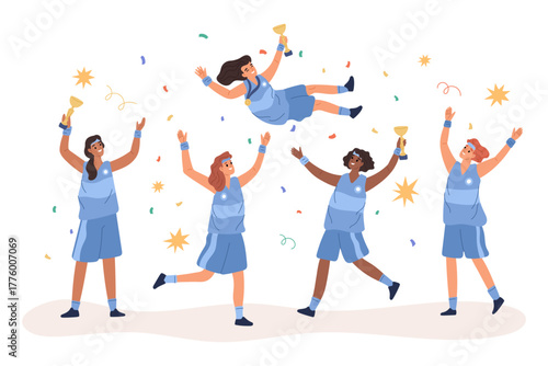 Athletes rejoice victory. Women sports team is happy to win competition, throwing girl in air, celebrating success together, achievement goal cartoon flat isolated garish vector concept