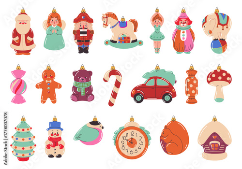 Vintage christmas toys. Holiday glass decorations, santa, nutcracker and snowman, xmas tree pendants, cute figurines, circus characters cartoon flat style isolated classy vector set