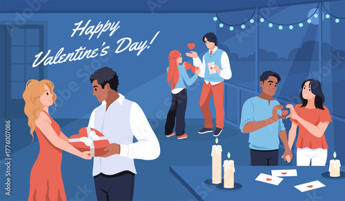 Valentine day celebrations. Funny people in love exchanging valentines, happy romantic couples with hearts at party, hugging and kissing characters cartoon flat tidy vector concept