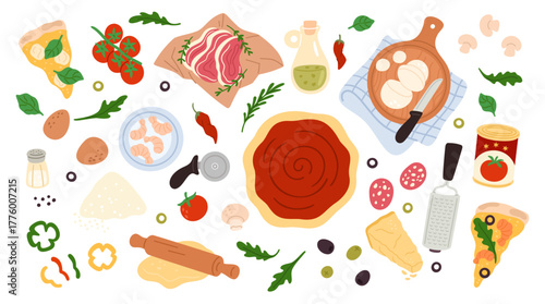 Pizza constructor. Tasty italian pastries, cooking food ingredients, sausage, cheese, tomato sauce, parmesan, dough, cartoon flat style isolated culinary recipe and menu, garish vector set