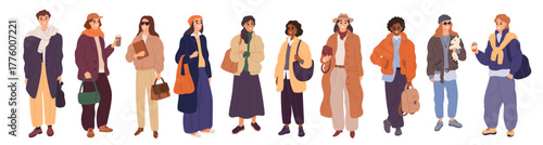 People in casual modern clothes. Women and men with demi season street looks, multi layered outfits, current images wears, coats and boots. Cartoon flat style isolated garish vector set