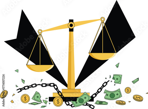 Scales of justice with money and broken chains, symbolizing corruption.
