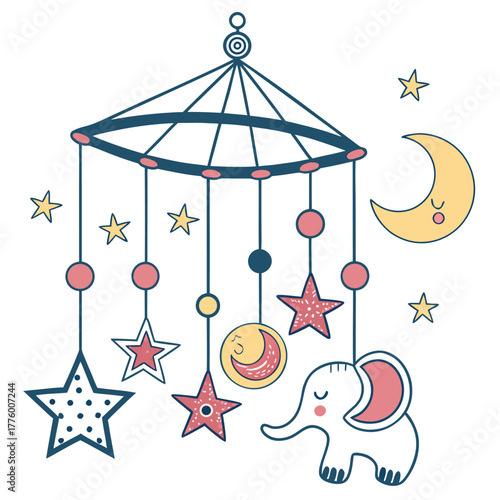 Cute baby mobile illustration with stars, moons, and an elephant on a white background