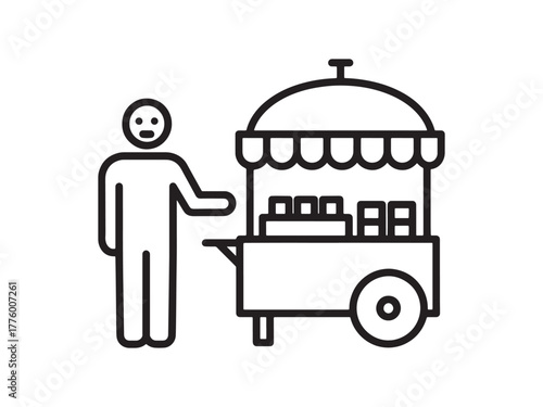 Illustration of a person reaching for a food cart with a canopy and visible merchandise items . Street Food Vendor Icon. 