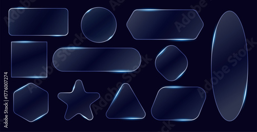 Neon glass frames. Different shapes translucent glowing planes, blank geometric text bars, luminescent effect edges. Various rectangle, circle and round qualitative vector isolated set