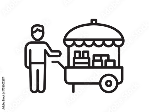 Illustration of a person reaching for a food cart with a canopy and visible merchandise items . Street Food Vendor Icon. 